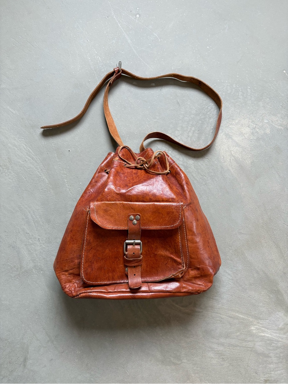 Vintage Boho Cottagecore Large Leather Bucket Drawstring Bag